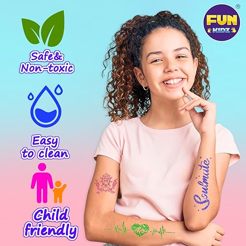 Kids Temporary Tattoo Kit with Glitter & Stencils - Fun Body Art Set for Ages 8-12