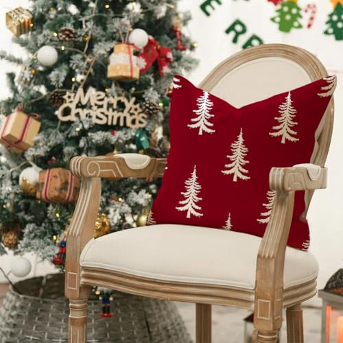 Christmas Pillow Covers 16x16 Inch Set of 2 Waterproof Tree Holiday Decor - Red Variation