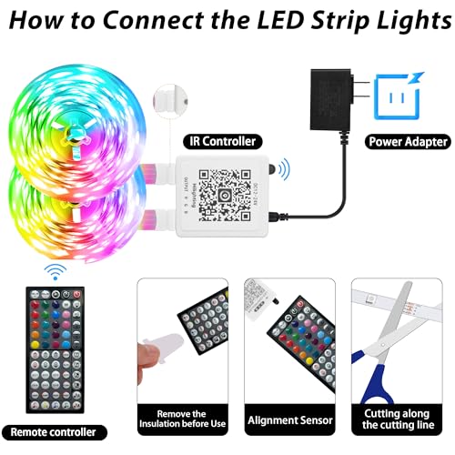 50ft RGB LED Light Strips for Bedroom Music Sync - Easy Install, App & IR Remote
