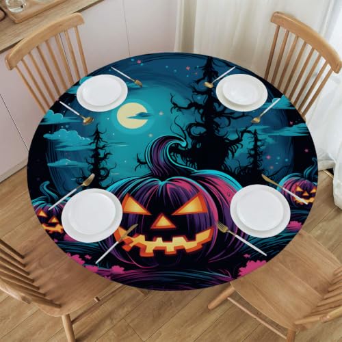 50-Inch Glowing Pumpkin Fitted Waterproof Round Tablecloth for Halloween Parties