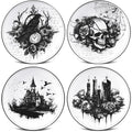 Halloween Ceramic Dinnerware Set - 4 Gothic Plates for Parties & Decor