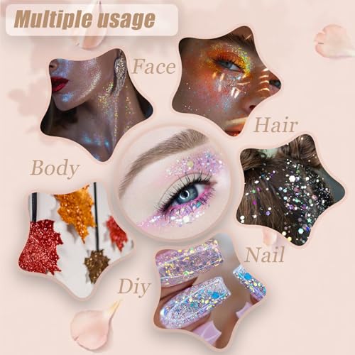Chunky Face & Body Glitter Gel Set - Multi-Color Sequin Makeup for Festivals & Performances - White, Silver, Pink, Red, Green