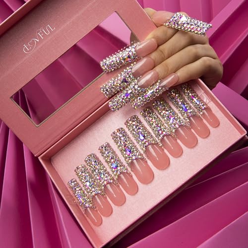 Reusable Square Long Press On Nails with Crystals - Full Cover Fake Nails 2.2 in