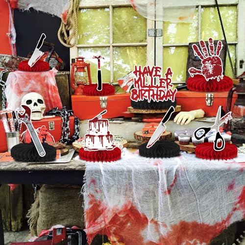 Halloween Horror Theme Honeycomb Centerpieces - Bloody Killer Birthday Party Decorations - 8 Pack