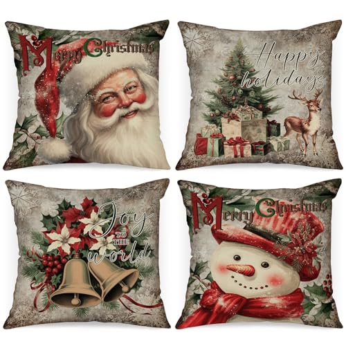 Green 26x26 Holiday Throw Pillow Covers Set of 4 - Xmas Xmas Decoration Cushion Santa Snowman Winter Home Decor