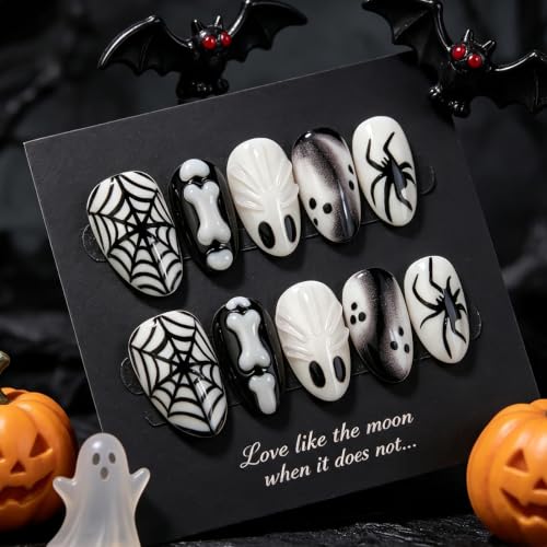 Gothic Halloween Press On Nails Short Almond Spider Ghost Set - Variation 31