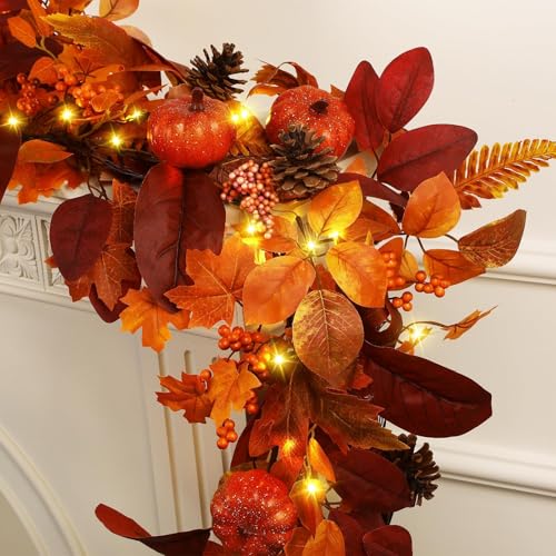 9ft Fall Garland with Lights and Timer for Mantle – Autumn Decor with Pumpkins & Leaves