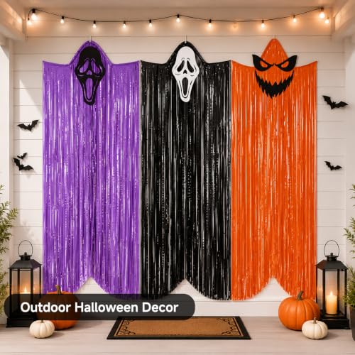 G2PLUS Halloween Hanging Ghost Decorations Set - Black, Orange, Purple, 3 Pack, 6 Ft Foil Fringe Ghosts for Indoor & Outdoor Decor