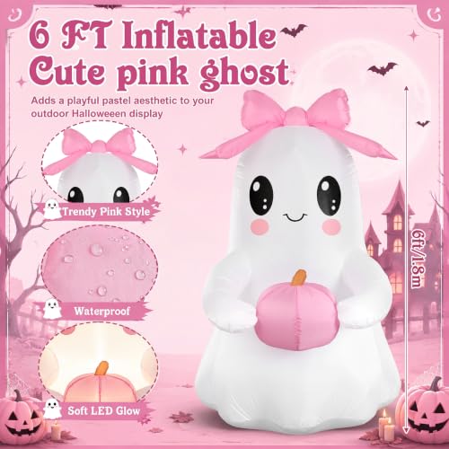 6 ft Pink Bow Inflatable Ghost Halloween Yard Decoration with LED Lights - Outdoor Friendly