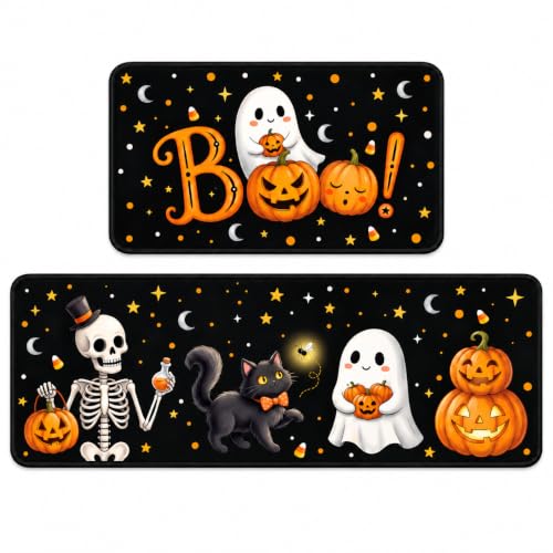 Halloween Kitchen Mat Set of 2 Non Slip Ghost Skeleton Rug - Boo