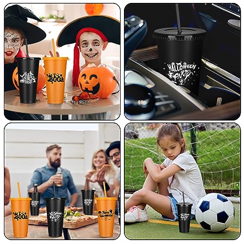 Halloween Plastic Cups with Lids and Straws - 24 oz Reusable Party Tumblers Set
