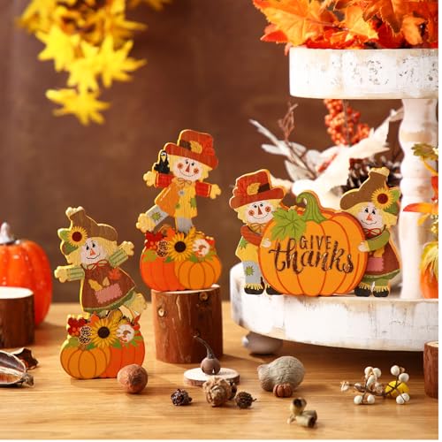 Fall Scarecrow Wooden Block Table Sign Set - Cute Autumn Decor - Halloween & Thanksgiving