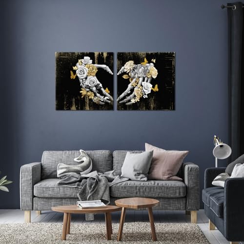 Large Gothic Skull Wall Art Decor Set - Black, Gray & Gold Framed Canvas Artwork (24x24 Inch, 2 Pieces)