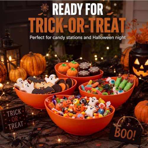 Set of 4 Halloween Orange Plastic Candy Serving Bowls - Trick or Treat