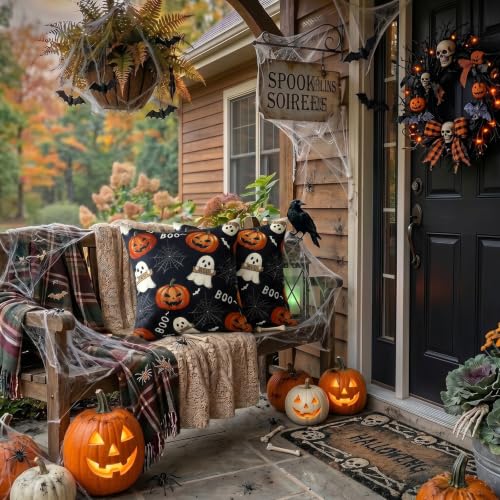 Black Halloween Ghost Throw Pillow Covers 20x20 Set of 2 - Spooky Cushion Decor