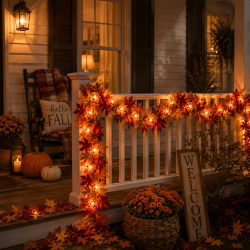 9FT Fall Garland with Lights - Maple Leaf Seasonal Home Decor