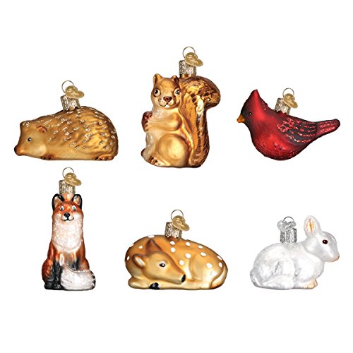Mini Woodland Animal Christmas Ornament Set - Hand-Blown Glass Holiday Decorations, 6 Pieces