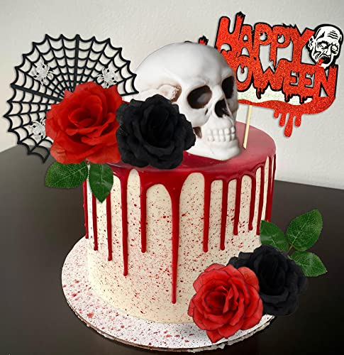 Halloween Cake Toppers Ghost Skeleton Web Rose Decorations - Red