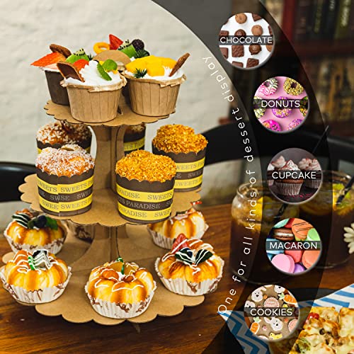 Brown 2-Pack 3-Tier Cupcake Stand Rustic Kraft Paper Decor Tower - Heart Handle Design, Easy Assembly for Weddings & Parties
