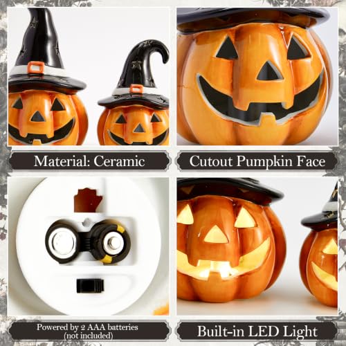 Halloween Pumpkin Lights Set of 2 Ceramic Jack O Lantern Lamps Indoor Decor