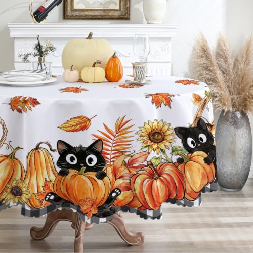 Fall Round Tablecloth 70 Inches with Black Cat Variation - Autumn Pumpkins Fade-Resistant