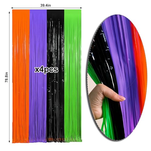 Halloween Foil Fringe Curtain Set - Green & Purple Metallic Tinsel Backdrop for Parties