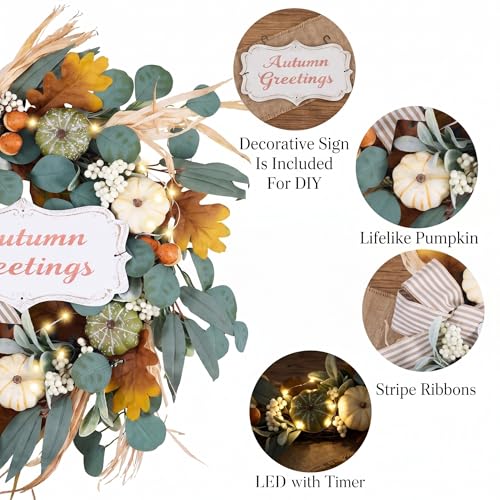 Fall Wreath with LED Lights - White & Green Pumpkins, Rustic Decor - 24 Inch