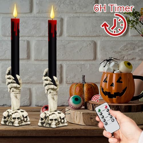 Halloween Black Bleeding Flameless Taper Candles with Skull Hand - E-Skull Hand Variation