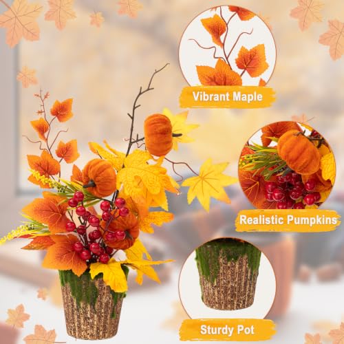 Artificial Pumpkin and Maple Leaf Fall Centerpieces Set - Orange and Red, 2 Pieces