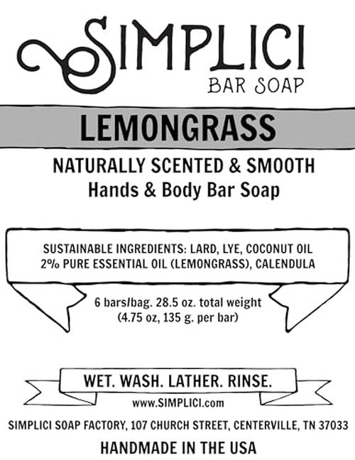 Simplici Lemongrass Natural Soap (smooth + pure essential oils) 6 Bar Value Bag. Palm Free.