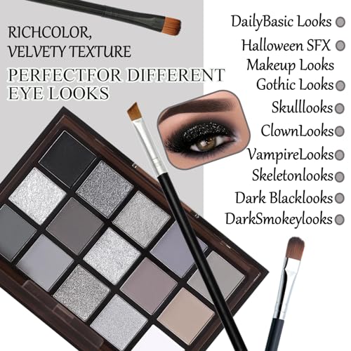 Black Smoky Eyeshadow Palette - 15 Matte Shimmer Colors with Brushes
