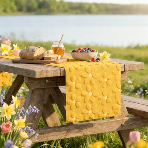 Yellow Soft Plush Faux Fur Jacquard Embroidery Daisy Table Runner 13x60 Inches — Kitchen Dining Decor