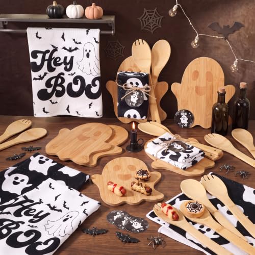 Halloween Ghost Kitchen Gift Set - 37 Pcs Bamboo Cutting Boards Towels Spoons - Ghost Theme