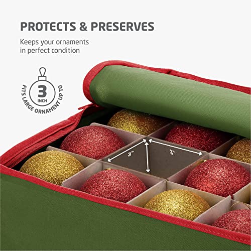 Christmas Ornament Storage Box - Holds 64 Three-Inch Ornaments with Dividers, Durable Organizer, Green