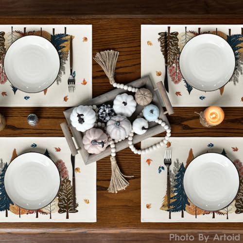 12 x 18 Inch Fall Leaves Placemats Set of 4 - Beige, Rectangular, Durable Polyester