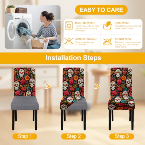 Halloween Chair Covers Set of 4 - Sugar Skull Floral Print Dining Slipcovers - Day of the Dead Decor - Variation 4 / 93
