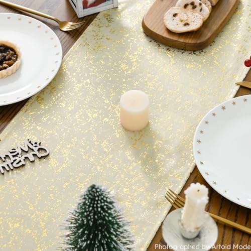 Beige Fleece Table Runner 13x60 Inch Holiday Kitchen Decor Glitter Metallic