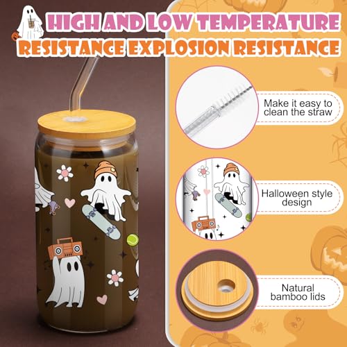 Multicolor Halloween Ghost Glasses Cups - 12 Pack 16 oz Bulk Drinkware with Lids & Straws