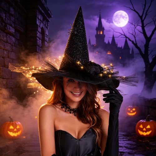 Black Spider Witch Hat Halloween Costume with LED Light and Gauze Feathers - Variation of THIS listing