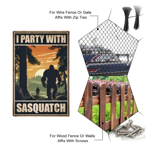 Camping Tin Sign - Funny Sasquatch Party Wall Art - Outdoor & Man Cave Decor - Variation: I Party with Sasquatch