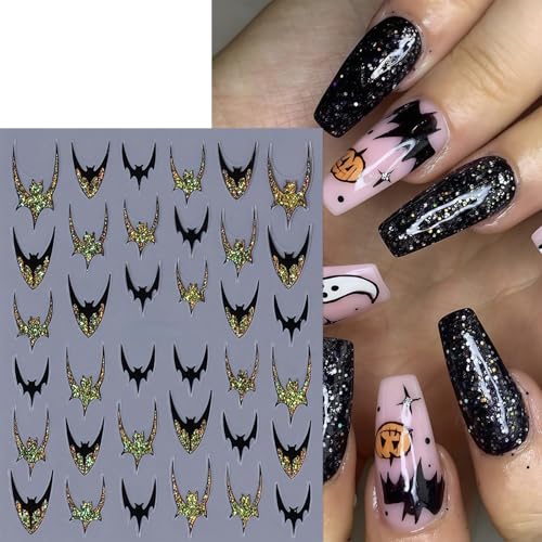 Halloween Glitter Bats Nail Stickers - 6 Sheets 3D Self-Adhesive Nail Art Decals