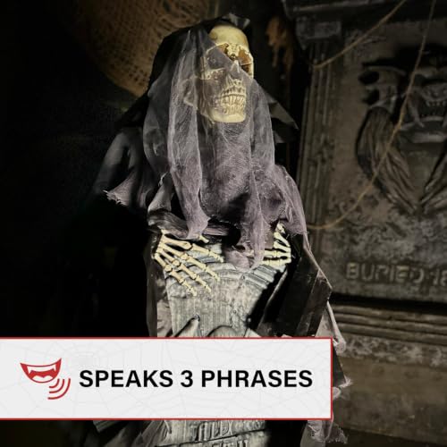 3 Ft Reaper with Tombstone Halloween Animatronic - Rising Haunted Ghost, Touch Activated, Glowing Eyes, Indoor Outdoor Decor