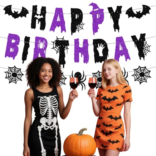 Halloween Birthday Banner Glitter Black & Violet with Spider Bats Decor