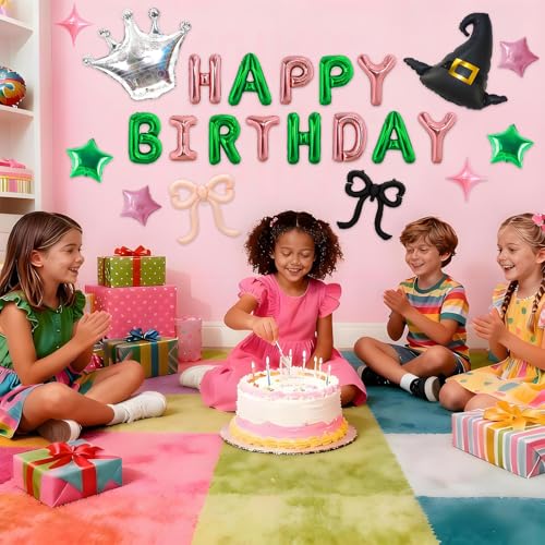 Witch Birthday Balloon Kit - Pink & Green Foil Balloons Crown Hat Bows - Variation 3