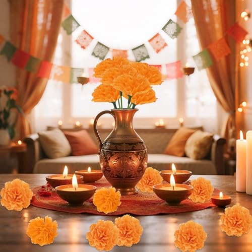 Artificial Marigold Flowers Set - 30 Pcs 3.54 Inch Orange Silk Flowers with Stems for Diwali Indian Wedding Home Decor, DIY Wreath Garland, Day of The Dead