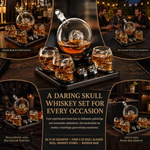 Skull Skeleton Whiskey Decanter Set with 4 Shot Glasses & Chillers - Gothic Barware Gift