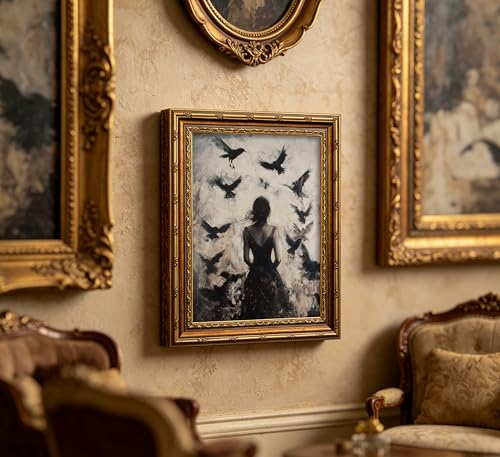 Halloween Witch Wall Art with Gold Frame - Crow Woman Gothic Decor, 16"L x 12"W - Witch Raven Variation