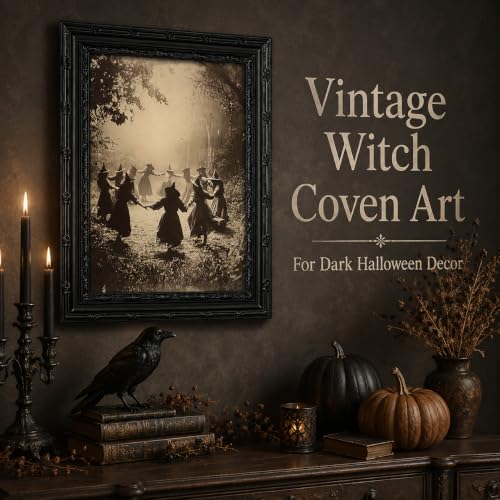 Halloween Witches Gathering Canvas Wall Art - Framed Gothic Forest Scene, 16x12 Inches - Witch B Variation