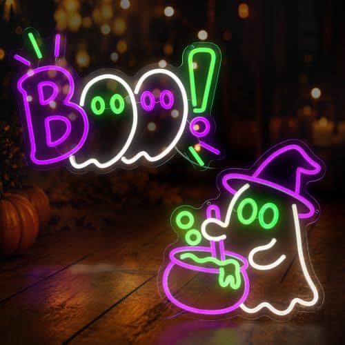 Halloween Neon Sign 2 Pack - Ghost & BOO LED Neon Light Set - Festive Decor