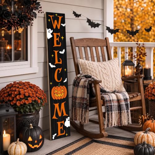 Halloween Porch Sign - Wooden Spooky Ghost Welcome Banner - Black & Orange - 47.2"